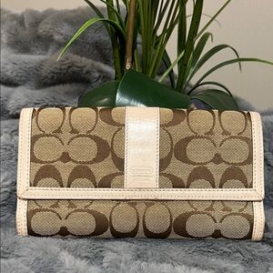 Coach Signature Tan and Brown Signature Wallet EUC retail $298